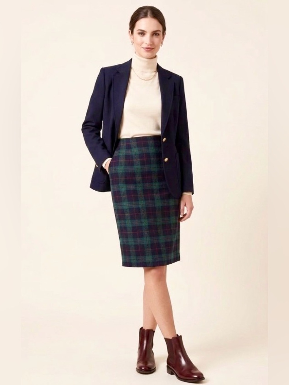 Vintage Ann Taylor 90’s Green Navy Plaid Wool Tartan Pencil Skirt made in USA 8